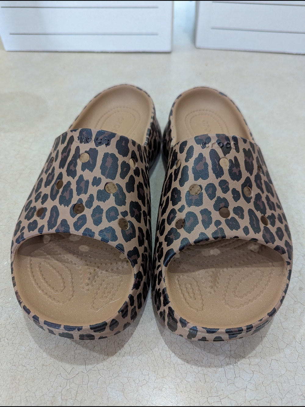 Crocs Classic Leopard Print Slide Sandals - Brown/Black - Picture 6 of 6